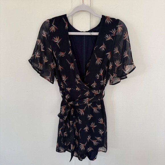 NEW Luca Couture Navy Blue Short Sleeve Romper Tropical Sheer Overlay Small NWT - Picture 2 of 13